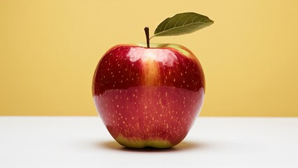Fresh red apple with a green leaf on top against a warm yellow background, centered on a white surface, highlighting vibrant colors and textures.