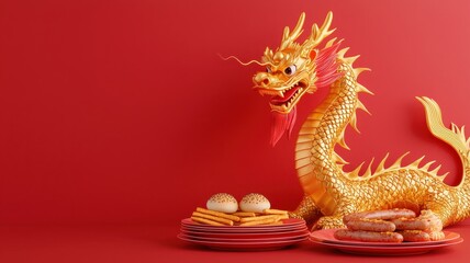 Fototapeta premium Golden Dragon Statue with Asian Food Chinese New Year Festive Still Life
