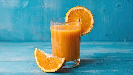 Vibrant orange juice in a clear glass with a slice of orange on the rim and orange segments beside against a bright blue wooden background