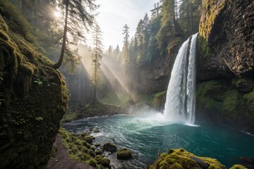 Majestic Glen: Serene Waterfall Cascading Through Ancient Redwood Forest - Nature Photography