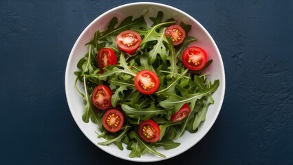 Fresh arugula and sliced tomatoes in a white bowl placed centrally on a dark blue background, vibrant green and red contrasting colors.