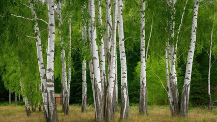Naklejka premium Birch trees with white bark and lush green leaves in a natural setting featuring a soft-focus forest backdrop and golden grassy ground.