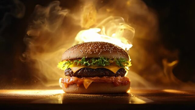 Juicy cheeseburger with sesame seed bun, melted cheese, fresh lettuce, and sauce, set against a smoky dark background, showcasing a delicious and indulgent fast food concept