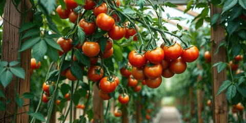 Greenhouse ripe tomato cluster in clusters on a wooden trellis, greenhouse, fruit, trellis