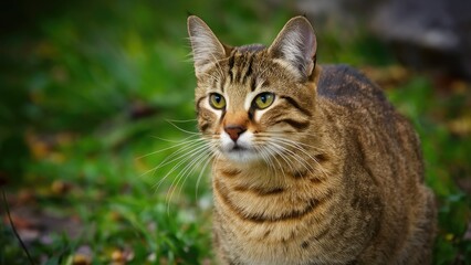 Tabby cat with striking green eyes sitting in lush green grass, featuring soft brown fur and well-defined stripes, radiating curiosity and charm.