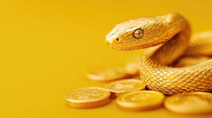 Obraz premium Golden snake surrounded by coins fantasy setting still life vibrant yellow background macro view wealth concept