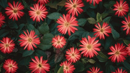 Vibrant red flowers with green leaves on a dark background, creating a rich natural floral pattern ideal for backgrounds and designs.