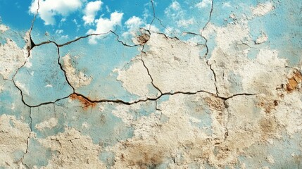 Naklejka premium A rustic stone wall surface with cracks, set against a vibrant azure sky
