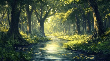 Obraz premium Serene Forest Stream Sunlight Dappled Trees