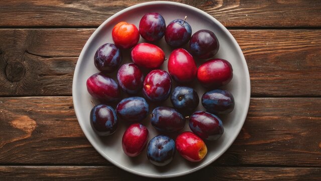 Rustic wooden table with a round plate filled with fresh purple and red plums arranged evenly creating a vibrant, colorful display
