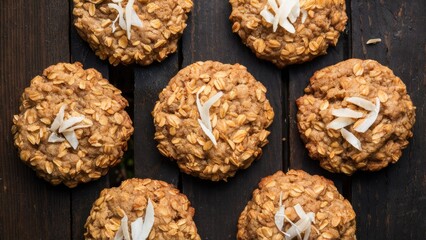 Oatmeal cookies with coconut flakes arranged on a rustic wooden table, featuring golden brown hues and a textured surface in an overhead view.