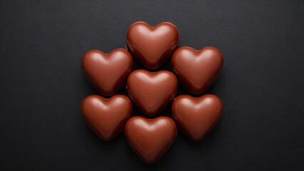 Obraz premium Heart-shaped chocolate candies stacked symmetrically on a dark textured background showcasing rich brown colors and glossy textures.