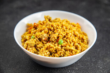 boulgur quinoa dish with vegetables vegetarian dish vegetable food fresh tasty food dish delicious gourmet food background on the table rustic food top view copy space keto and paleo diet