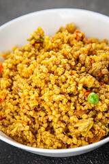 boulgur quinoa dish with vegetables vegetarian dish vegetable food fresh tasty food dish delicious gourmet food background on the table rustic food top view copy space keto and paleo diet