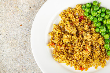 boulgur quinoa dish with vegetables vegetarian dish vegetable food fresh tasty food dish delicious gourmet food background on the table rustic food top view copy space keto and paleo diet