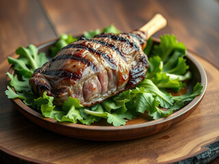 grilled lamb loin on a wooden plate with lettuce leaves,  restaurant food,  table setting,  appetizer,  fresh greens,  dinner plate