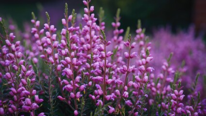 Obraz premium Delicate purple flowers of false heather fill a lush outdoor garden, with clusters of soft hues positioned in a vibrant, textured foreground.