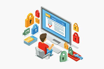 Security awareness concept with isometric design featuring person at computer. Safer Internet Day