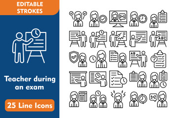 Teacher during an exam Line Editable Icons set. Vector illustration in thin line modern style related icons:multitasking, school teacher, clipboard, time to study, book, team, stress, full time, teach