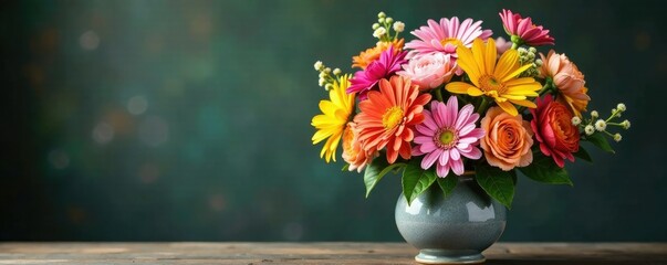 A colorful bouquet of mixed flowers in a decorative vase, nature, garden