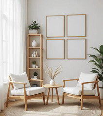 Frame mockup, ISO A paper size. Living room wall frame mockup. Interior mockup with elegant decor. Clean interior design. 3D render