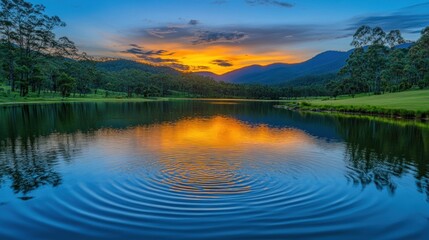 Fototapeta premium Serene Sunset Lake Reflecting Mountain Landscape