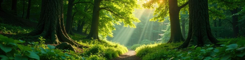 Obraz premium A peaceful forest glade with dappled sunlight filtering through leaves, , nature sounds