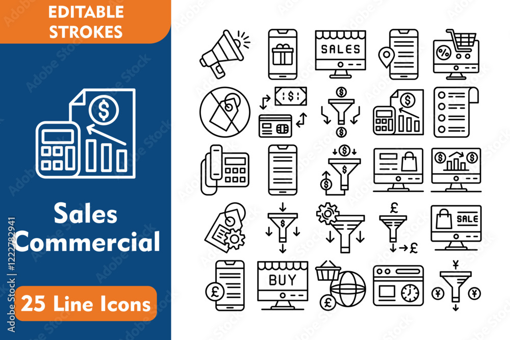 Poster Sales Commercial Line Editable Icons set. Vector illustration in thin line modern style related icons:announcement, gift box, sales, placeholder, ecommerce, no sales, payment method, sales 