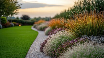 Obraz premium Gardening landscaping concept. A vibrant garden at sunset showcasing various colorful plants and finely manicured grass.