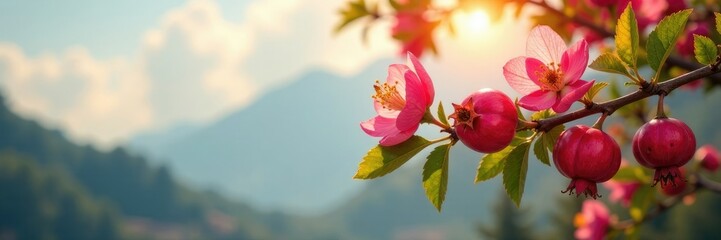 Branch with flowers and pomegranate blossoms blooming in the sun, blossoms, foliage, soft