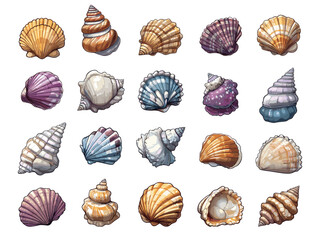Various Sea Shells Cartoon Icons Set Illustrations On White Unique Artwork Coastal Decorative Elements Marine Life Icons Collection Artistic Visuals Modern Graphics Distinctive