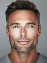 Obraz premium Primer plano de rostro de hombre joven mirando a cámara con ojos bonitos e incipiente barba