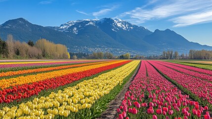 Fototapeta premium Vibrant Tulip Fields Against a Scenic Mountain Backdrop in Spring