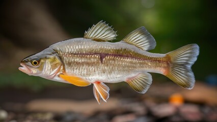 Fototapeta premium Fathead minnow fish swimming in natural green background with subtle bokeh, showcasing its vibrant colors and detailed fins in mid-motion.