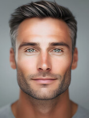 Obraz premium Primer plano de rostro de hombre joven mirando a cámara con ojos bonitos e incipiente barba