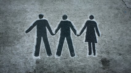 Silhouetted figures of three individuals holding hands on a textured grey asphalt surface with snow outlines creating a contrast.