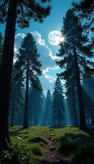 Fototapeta premium Canopy of Ponderosa pines with silvery moon casting dappled shadows on the forest floor, forest, clouds