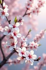 Obraz premium Cherry blossom branches loaded with soft white blooms, blossoms, white, pink
