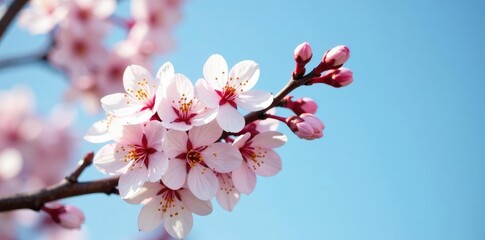 Obraz premium Cherry flower buds on a branch in full bloom against a light blue sky, leaves, petals, blossoms