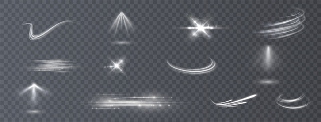 Light effects. Isolated white transparent light effects, glare, explosion, sparkle, dust, line, solar flare, spark and stars, spotlight, curve rotation. Sunlight, abstract special effect.	