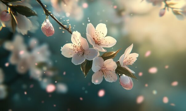 High-resolution close-up of cherry blossoms in full bloom with a diagonal branch, delicate pink petals, blurred bokeh background in pastel colors
