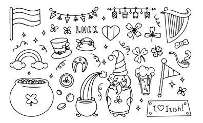 Saint Patrick's Day doodles with holiday symbols and objects, clovers, Irish flags, leprechaun. Group of line art stickers, decorative set. Vector illustration.