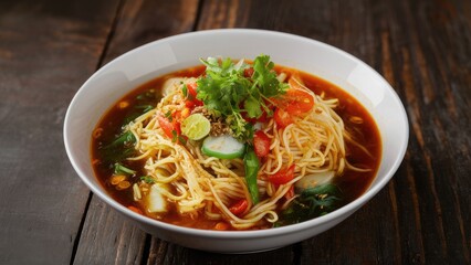 Delicious bowl of noodle soup with fresh herbs vibrant red tomatoes and green cucumber on rustic wooden table in warm lighting