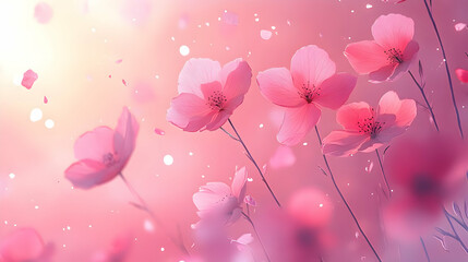 Fototapeta premium Pink flowers bloom, petals fall, sunset, spring, card