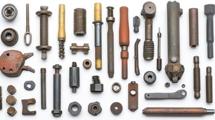 Collection of assorted old metal fasteners and mechanical parts arranged on a white background