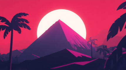 vibrant sunset behind pyramid with palm trees in silhouette