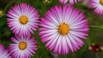 Obraz premium Vibrant pink and white Mexican Aster flowers with yellow centers, clustered together on a green background, showcasing their delicate beauty.