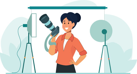 Illustration of Photographer with Camera in a Studio Setup A focused photographer adjusting their camera amidst a professional studio setup.