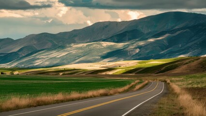 Serene countryside landscape featuring winding road through green fields with distant hills under a dramatic cloudy sky in soft earthy tones