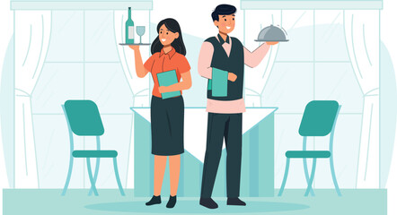 Hotel Service Staff Illustration with Waiter and Waitress A professional waiter and waitress serving food and drinks in a fine-dining setting.